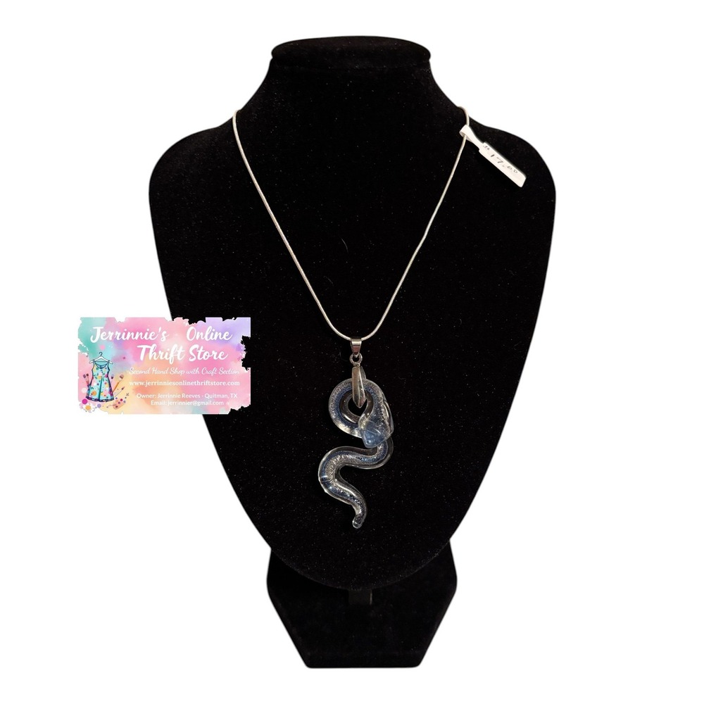 Art Glass Snake Pendant Necklace Iridescent Blue Gold Swirl Silver‎ Tone Chain